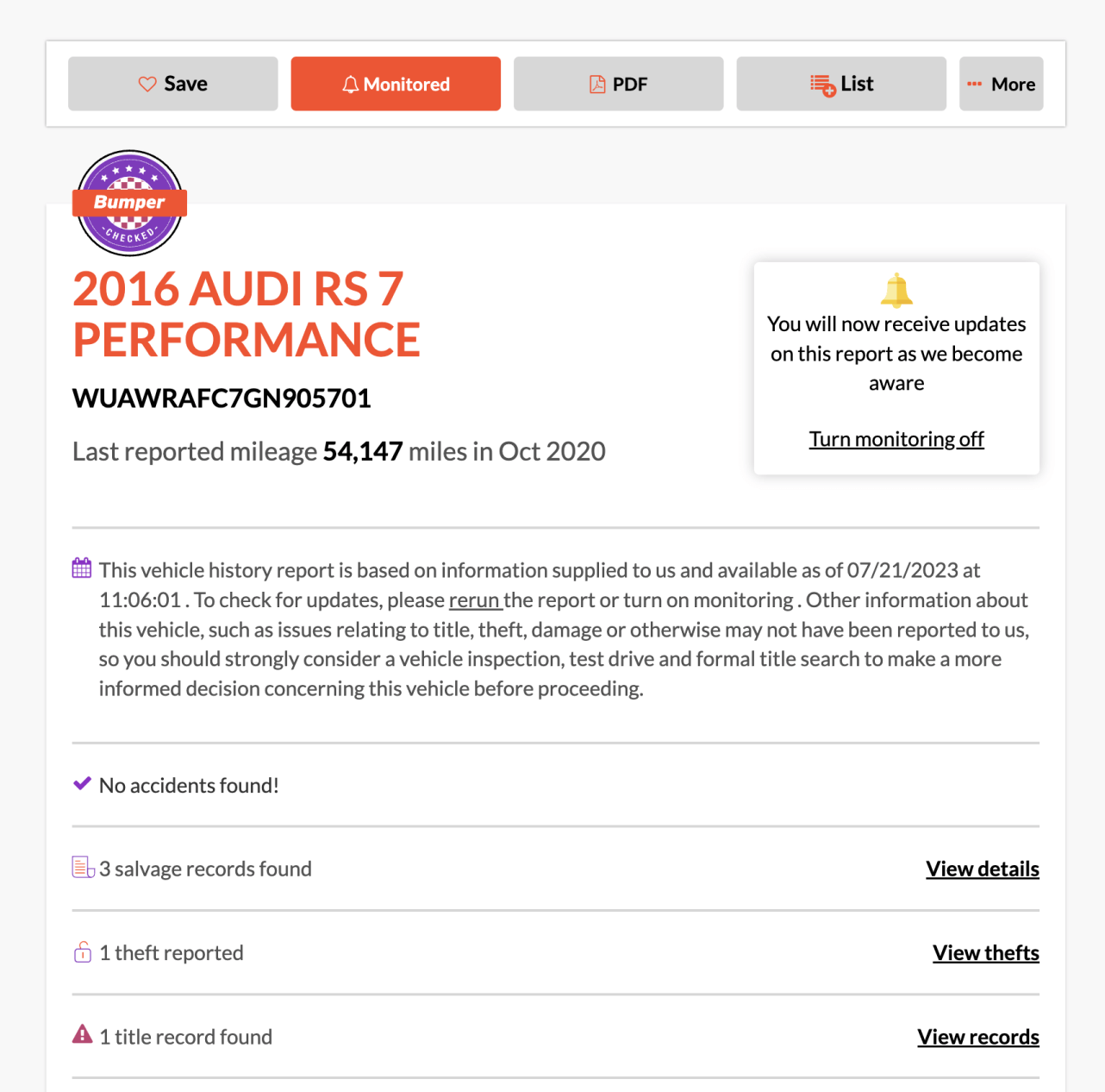 Sample Bumper vehicle history report