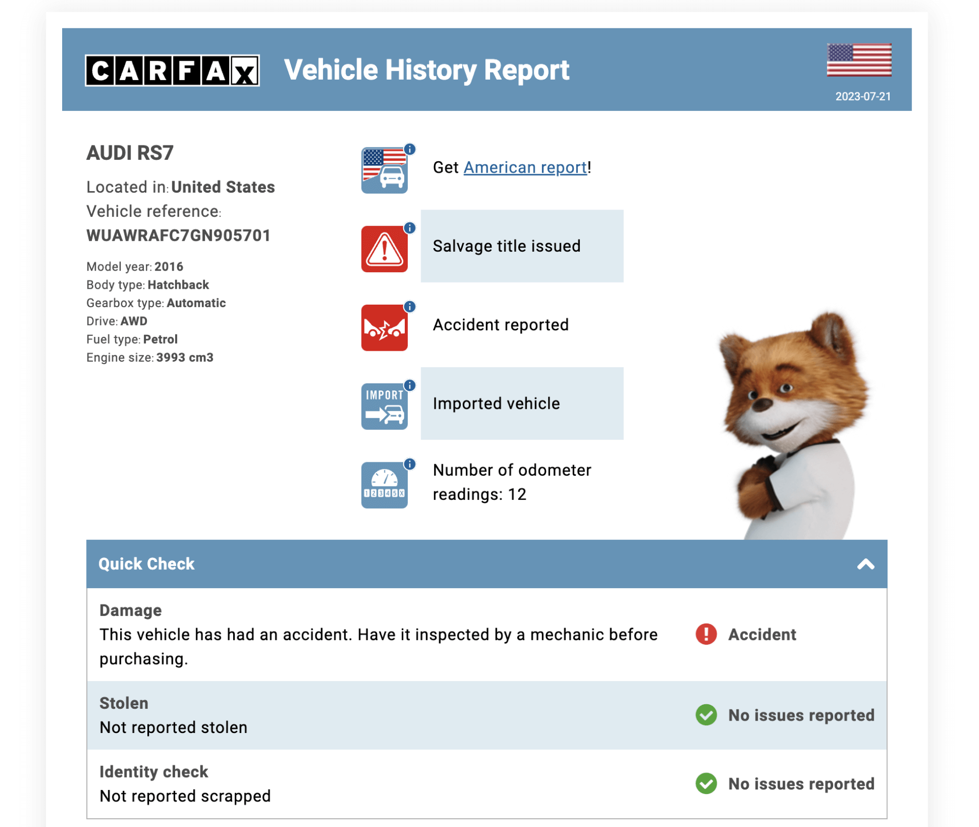 Sample Carfax vehicle history report