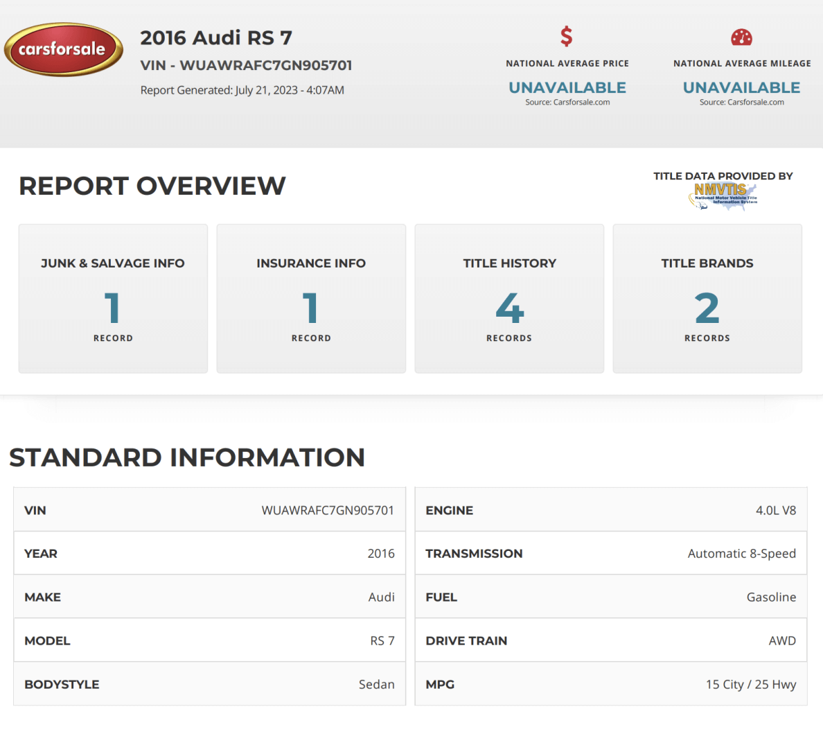 Sample CarsForSale History vehicle history report