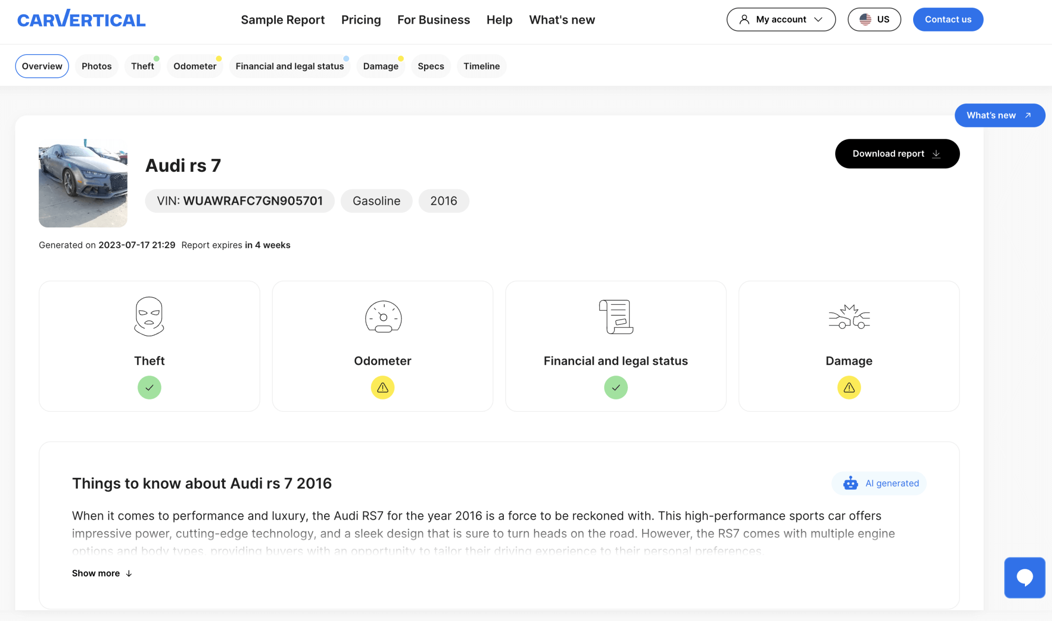 Sample carVertical vehicle history report
