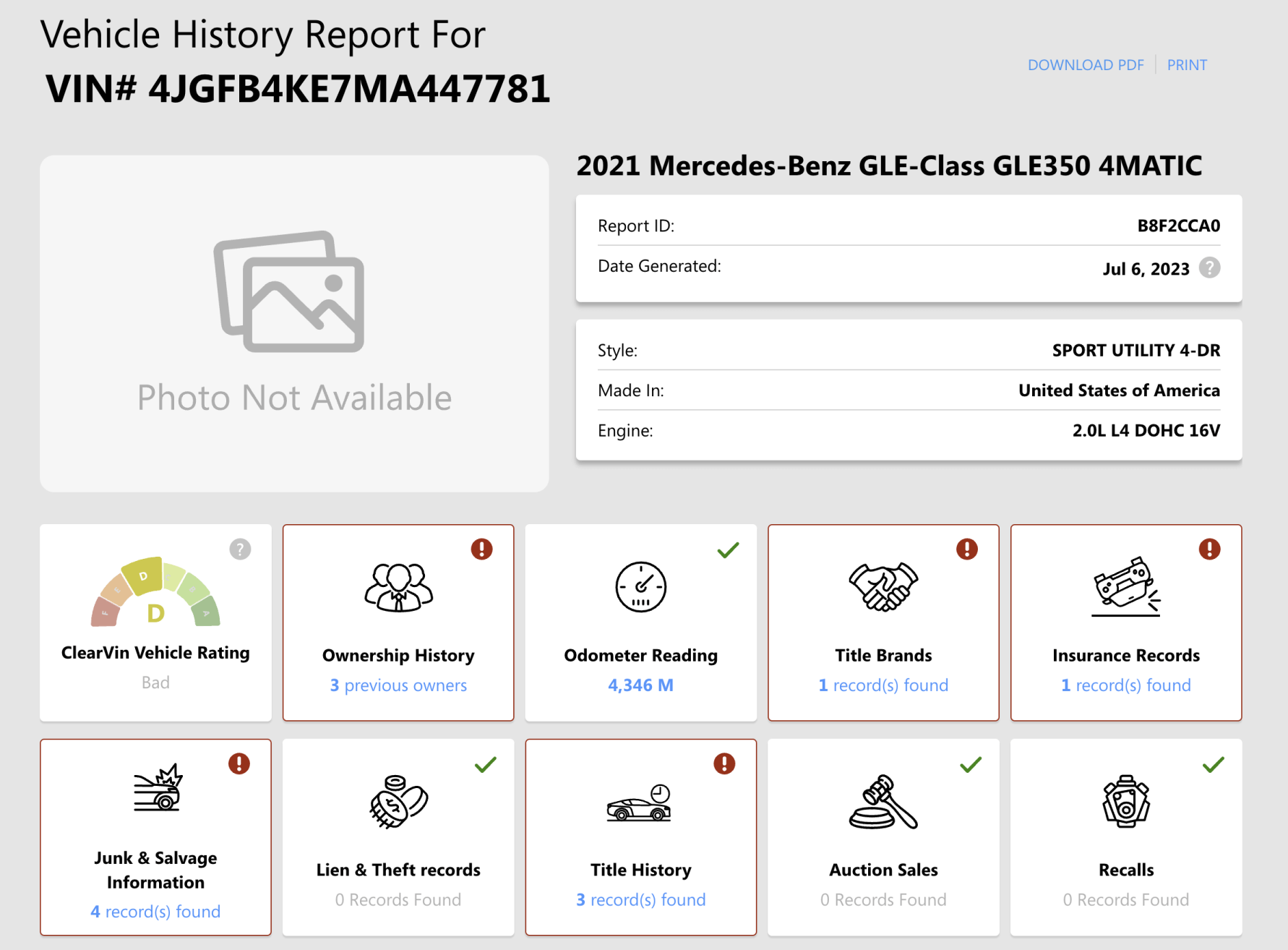 Sample ClearVIN vehicle history report