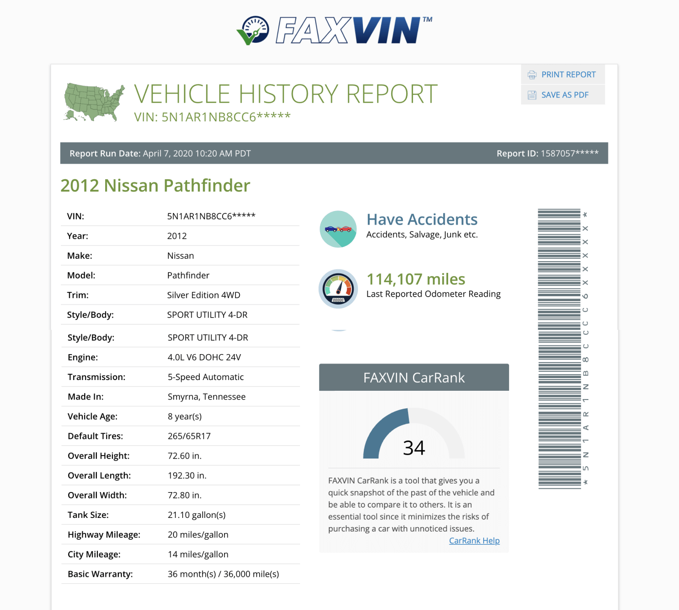 Sample FaxVIN vehicle history report