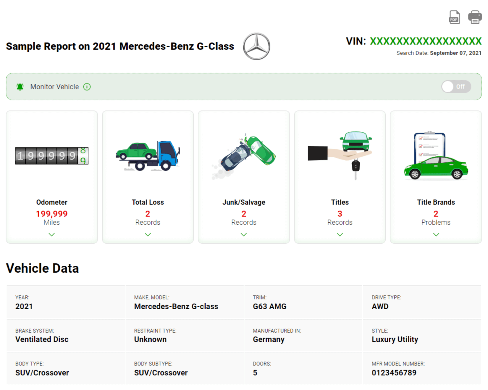 Sample GoodCar vehicle history report
