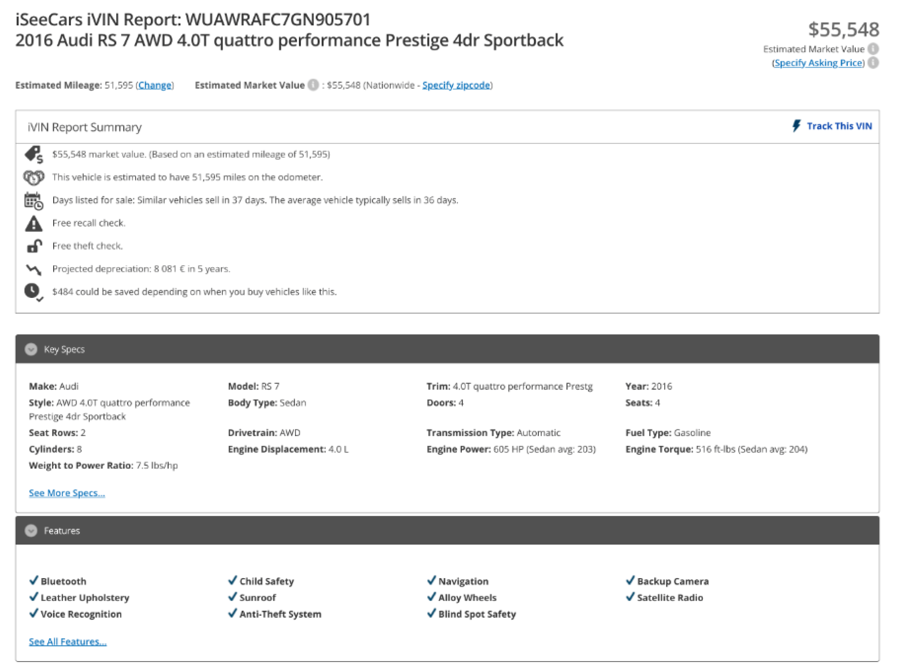 Sample iSeeCars vehicle history report