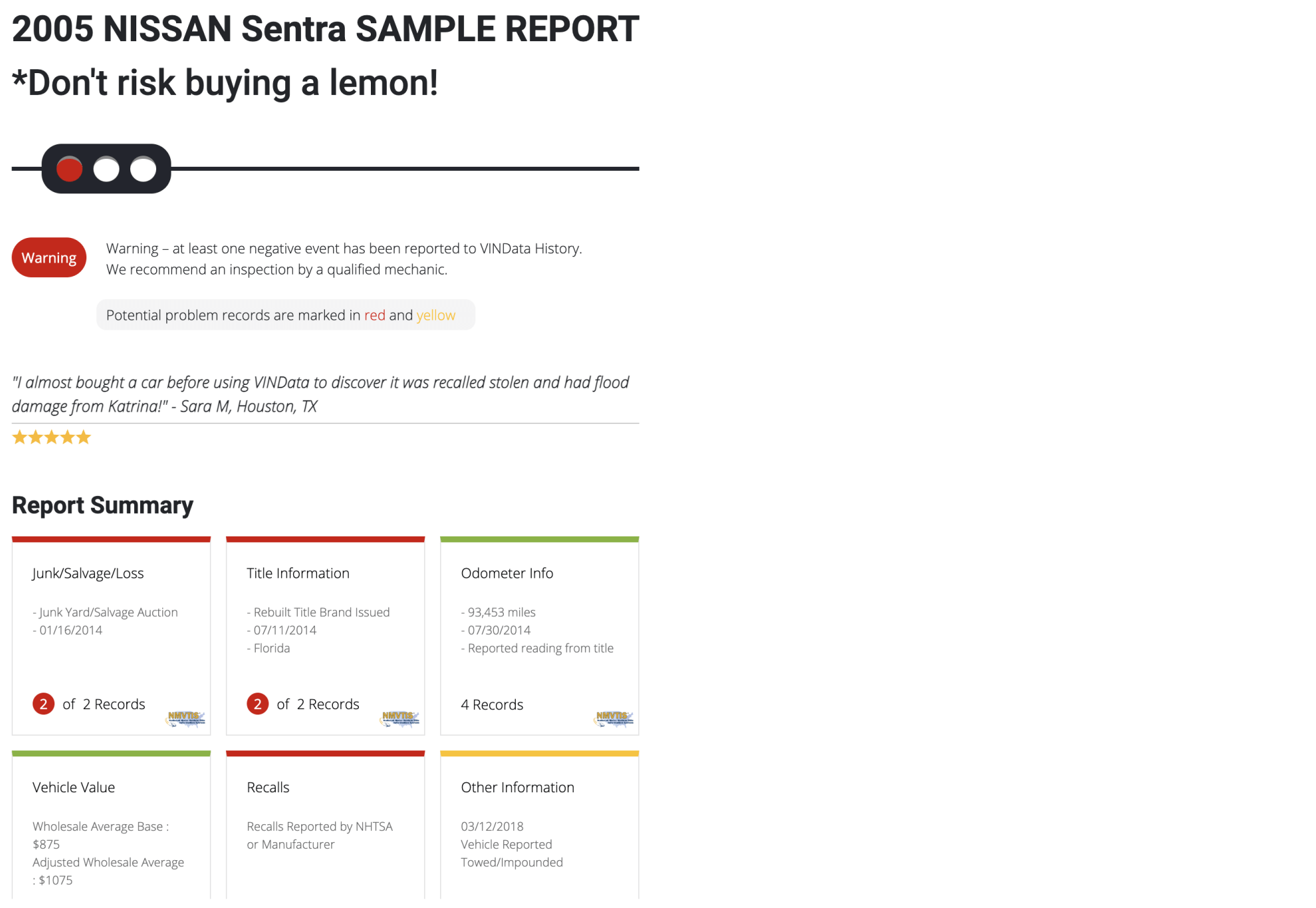 Sample VINData vehicle history report